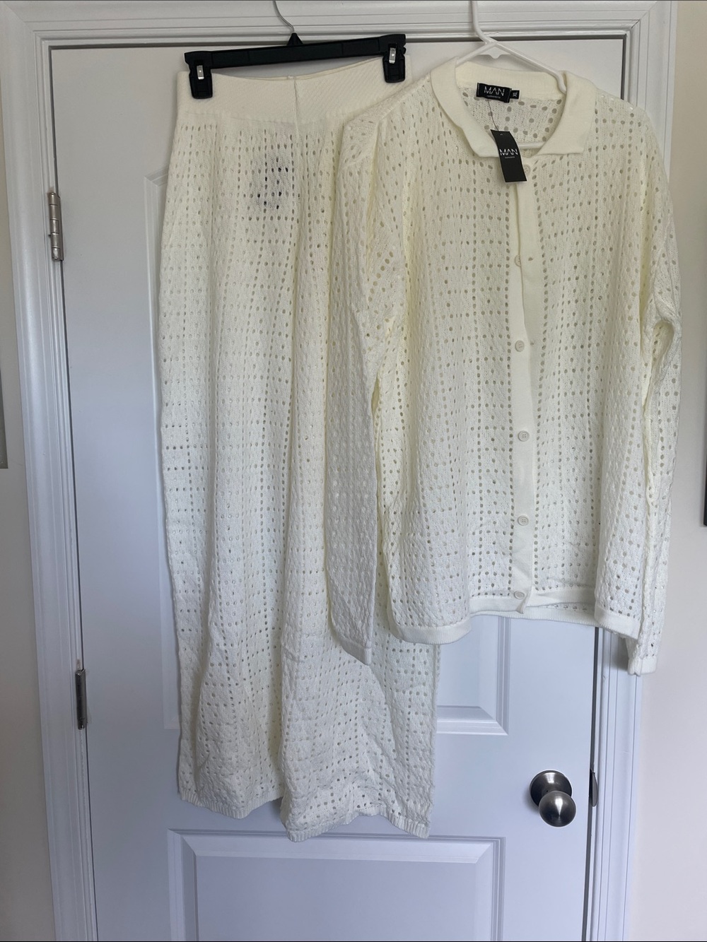 M.M. Cream Crochet Knit Cardigan and Pants Set